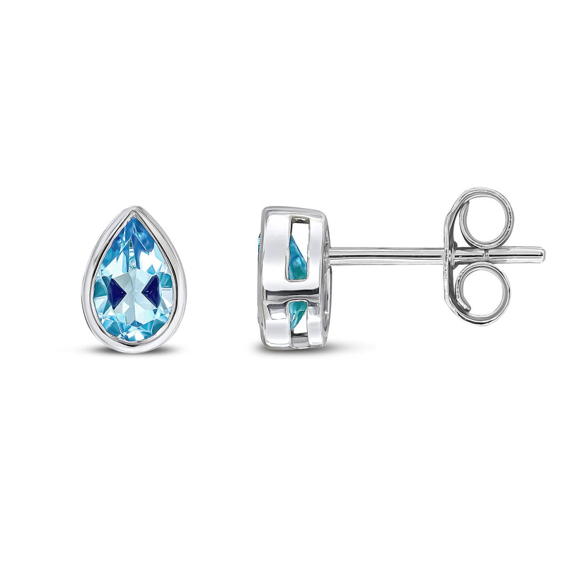 9ct White Gold Pear Shaped Natural Swiss Blue Topaz Rubover Stud Earrings — 6x4mm