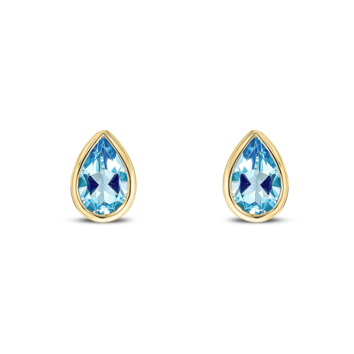 9ct Yellow Gold Pear Shaped Natural Swiss Blue Topaz Rubover Stud Earrings — 6x4mm