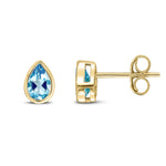 9ct Yellow Gold Pear Shaped Natural Swiss Blue Topaz Rubover Stud Earrings — 6x4mm