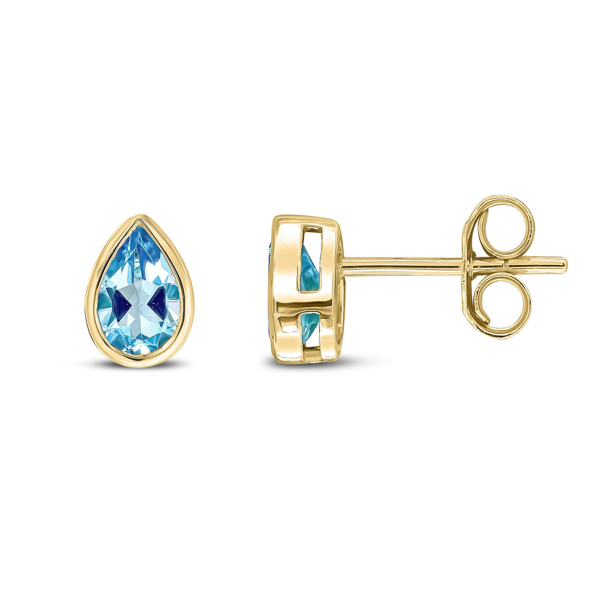 9ct Yellow Gold Pear Shaped Natural Swiss Blue Topaz Rubover Stud Earrings — 6x4mm