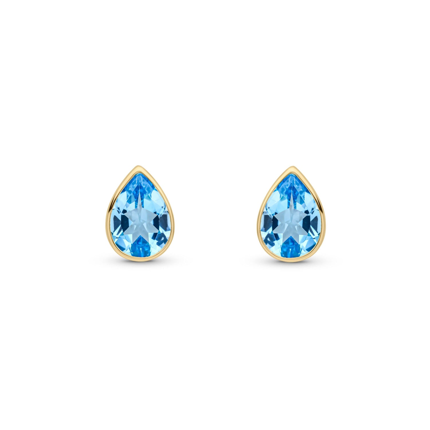 9ct Yellow Gold Pear Shaped Natural Swiss Blue Topaz Rubover Stud Earrings — 7x5mm