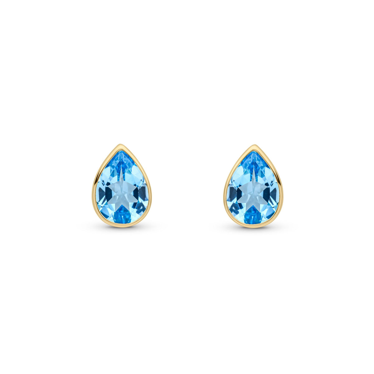 9ct Yellow Gold Pear Shaped Natural Swiss Blue Topaz Rubover Stud Earrings — 7x5mm