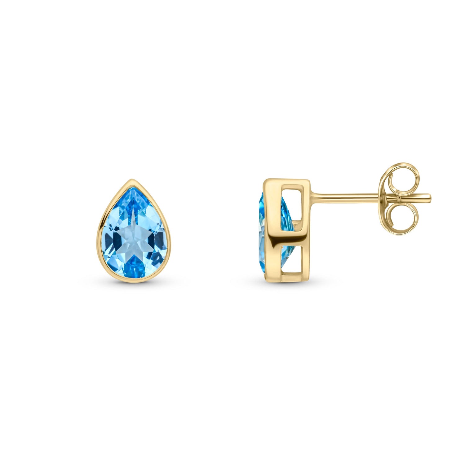 9ct Yellow Gold Pear Shaped Natural Swiss Blue Topaz Rubover Stud Earrings — 7x5mm