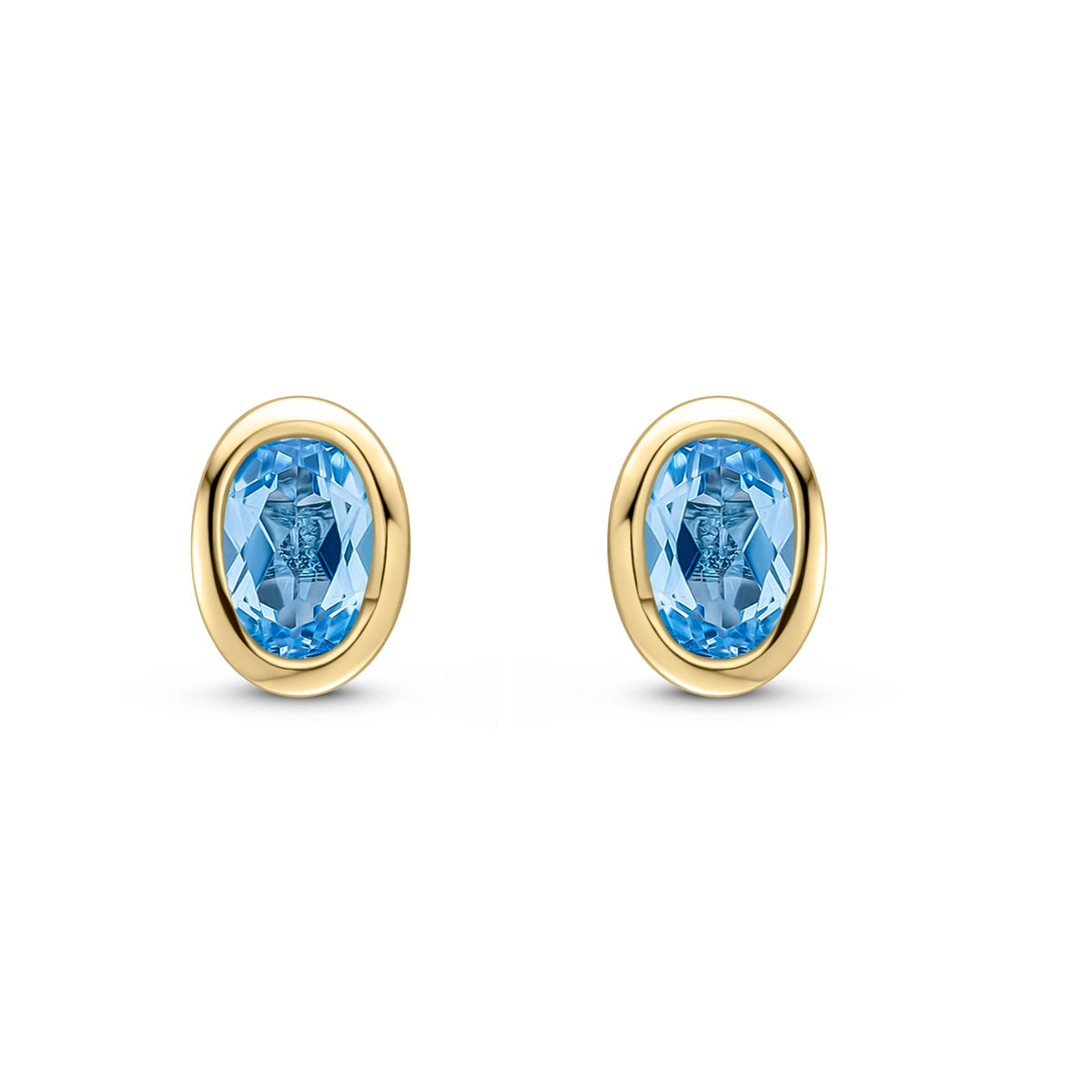 9ct Yellow Gold Oval Natural Swiss Blue Topaz Rubover Stud Earrings — 4x3mm