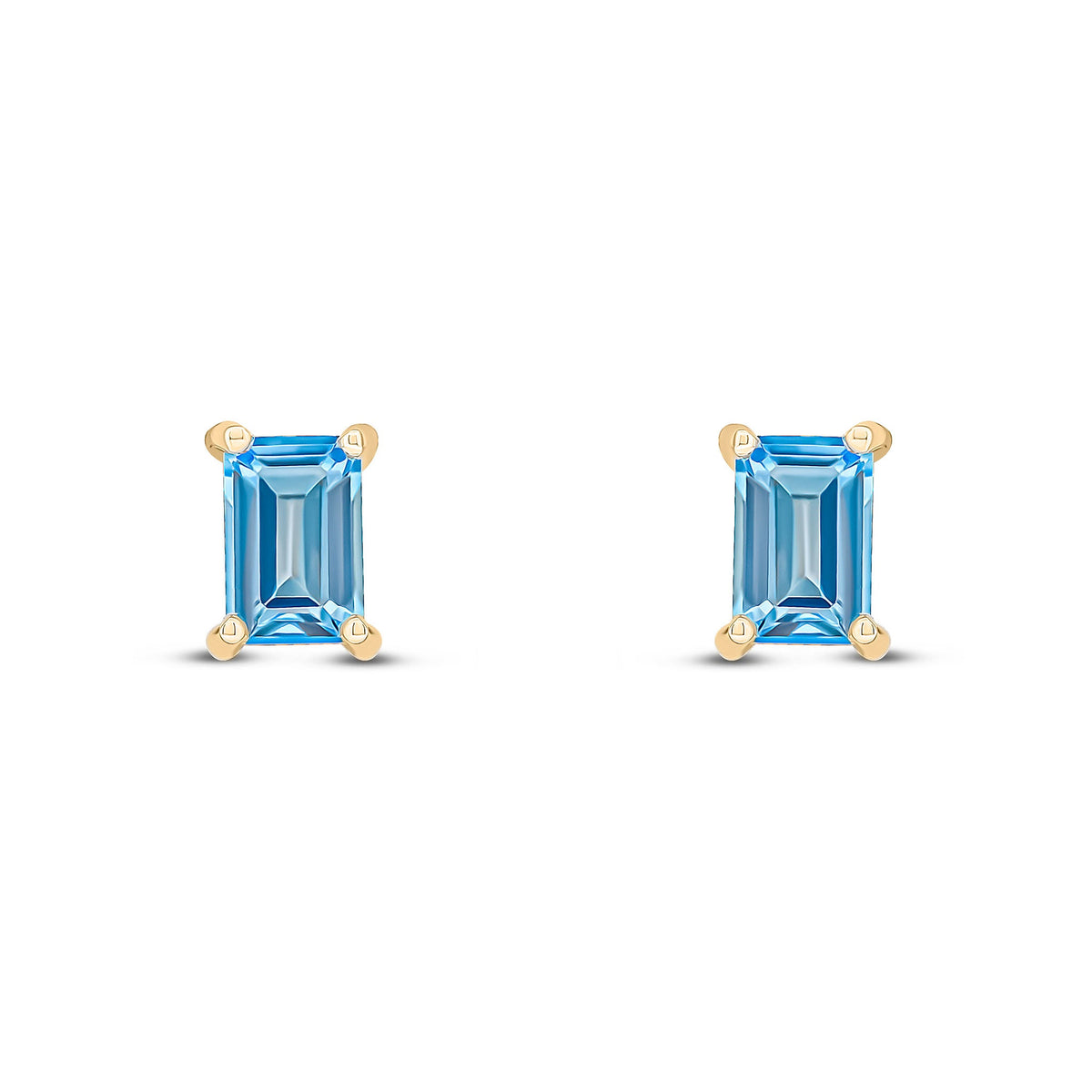 9ct Yellow Gold Octagonal Emerald Cut Natural Swiss Blue Topaz Claw Stud Earrings — 6x4mm