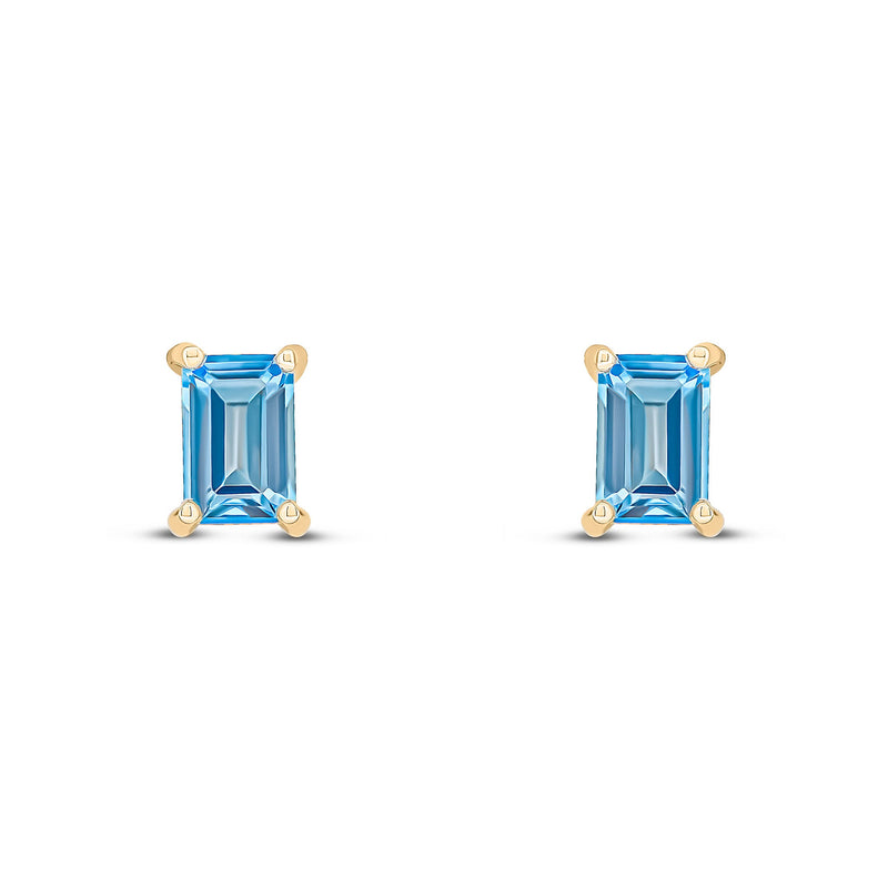 9ct Yellow Gold Octagonal Emerald Cut Natural Swiss Blue Topaz Claw Stud Earrings — 6x4mm