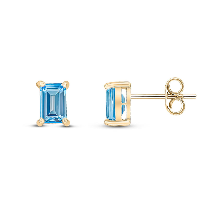 9ct Yellow Gold Octagonal Emerald Cut Natural Swiss Blue Topaz Claw Stud Earrings — 6x4mm