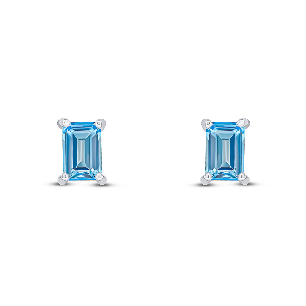 9ct White Gold Octagon Emerald Cut Natural Swiss Blue Topaz Claw Stud Earrings — 6x4mm