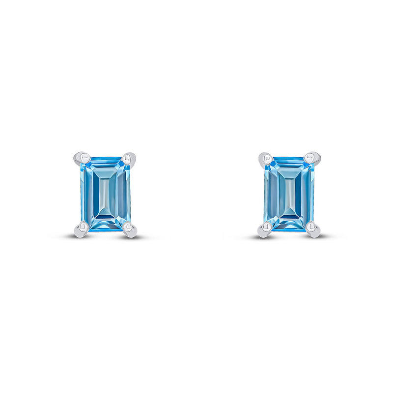 9ct White Gold Octagon Emerald Cut Natural Swiss Blue Topaz Claw Stud Earrings — 6x4mm