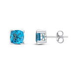9ct White Gold Cushion Natural Swiss Blue Topaz Claw Stud Earrings — 6mm