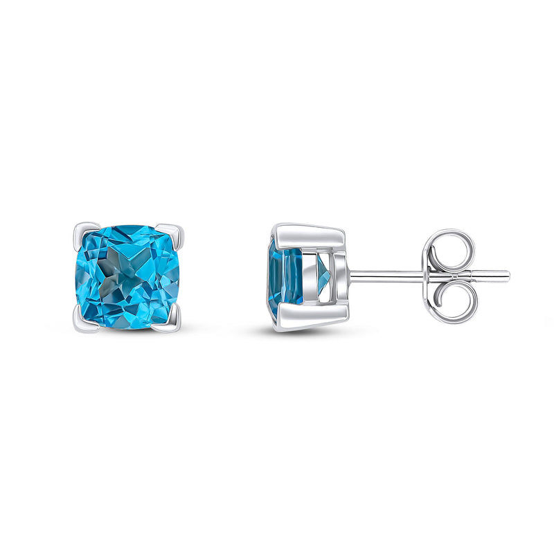 9ct White Gold Cushion Natural Swiss Blue Topaz Claw Stud Earrings — 6mm