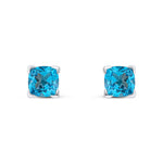 9ct White Gold Cushion Natural Swiss Blue Topaz Claw Stud Earrings — 6mm