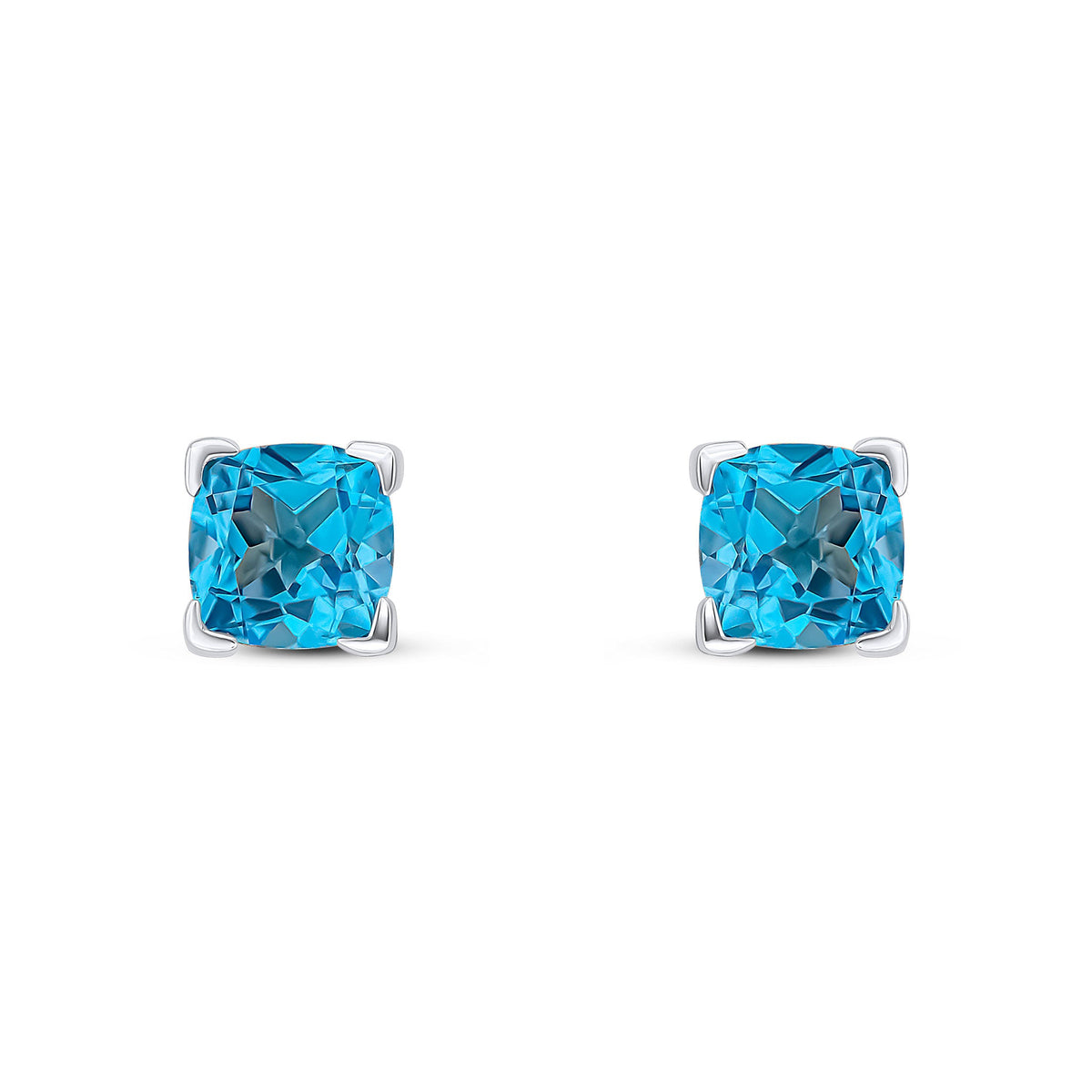 9ct White Gold Cushion Natural Swiss Blue Topaz Claw Stud Earrings — 6mm