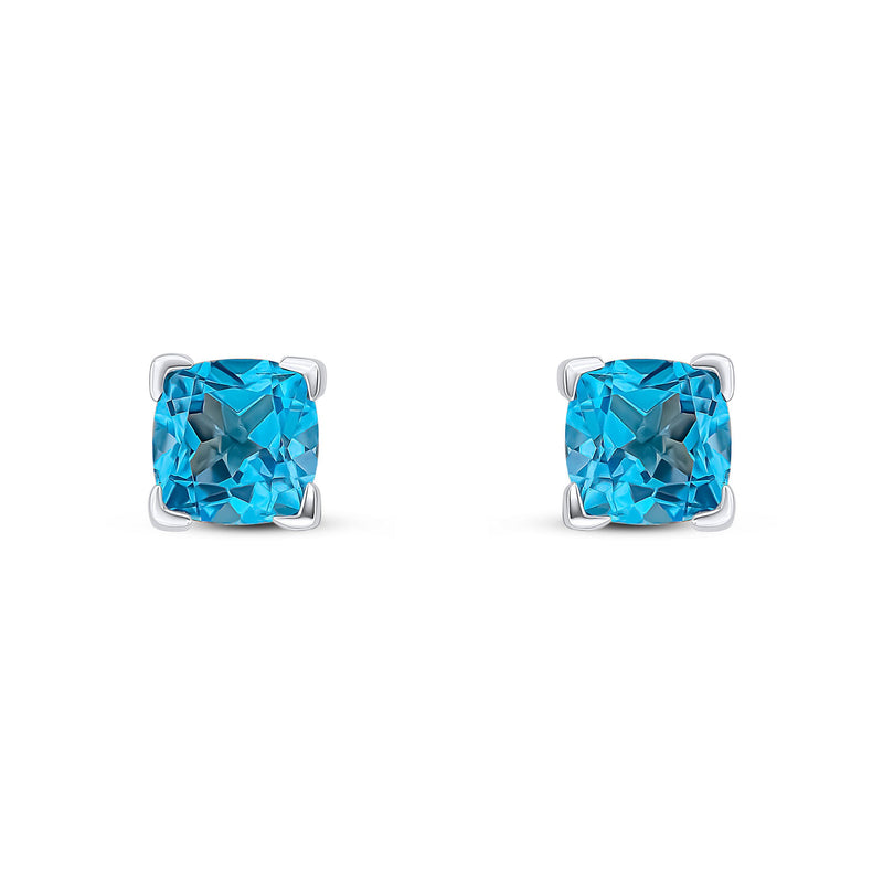 9ct White Gold Cushion Natural Swiss Blue Topaz Claw Stud Earrings — 6mm
