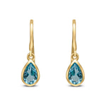 9ct Yellow Gold Pear Shaped Natural Swiss Blue Topaz Rubover Wire Hook Drop Earrings — 6x4mm