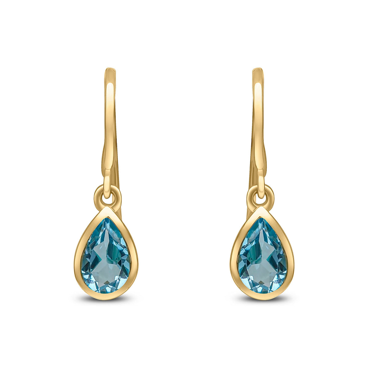 9ct Yellow Gold Pear Shaped Natural Swiss Blue Topaz Rubover Wire Hook Drop Earrings — 6x4mm