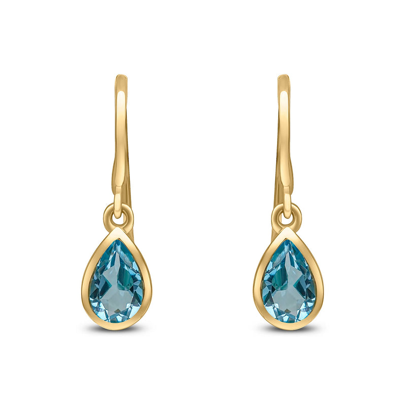 9ct Yellow Gold Pear Shaped Natural Swiss Blue Topaz Rubover Wire Hook Drop Earrings — 6x4mm