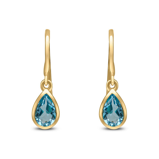 9ct Yellow Gold Pear Shaped Natural Swiss Blue Topaz Rubover Wire Hook Drop Earrings 6x4mm