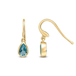 9ct Yellow Gold Pear Shaped Natural Swiss Blue Topaz Rubover Wire Hook Drop Earrings — 6x4mm