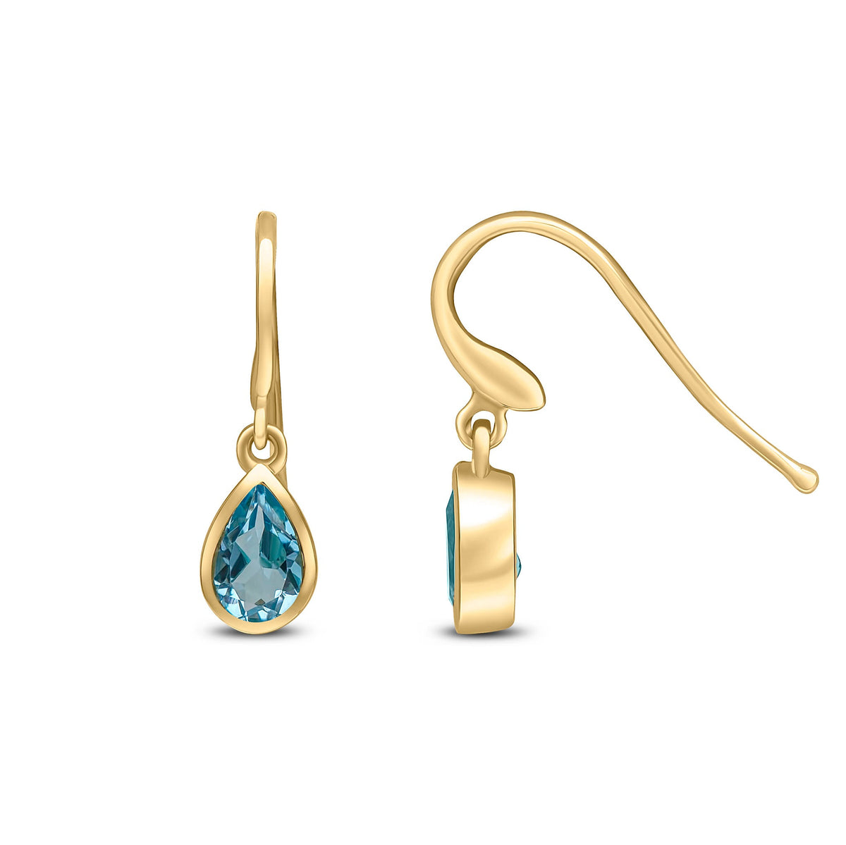 9ct Yellow Gold Pear Shaped Natural Swiss Blue Topaz Rubover Wire Hook Drop Earrings — 6x4mm