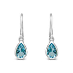 9ct White Gold Pear Shaped Natural Swiss Blue Topaz Rubover Wire Hook Drop Earrings — 6x4mm