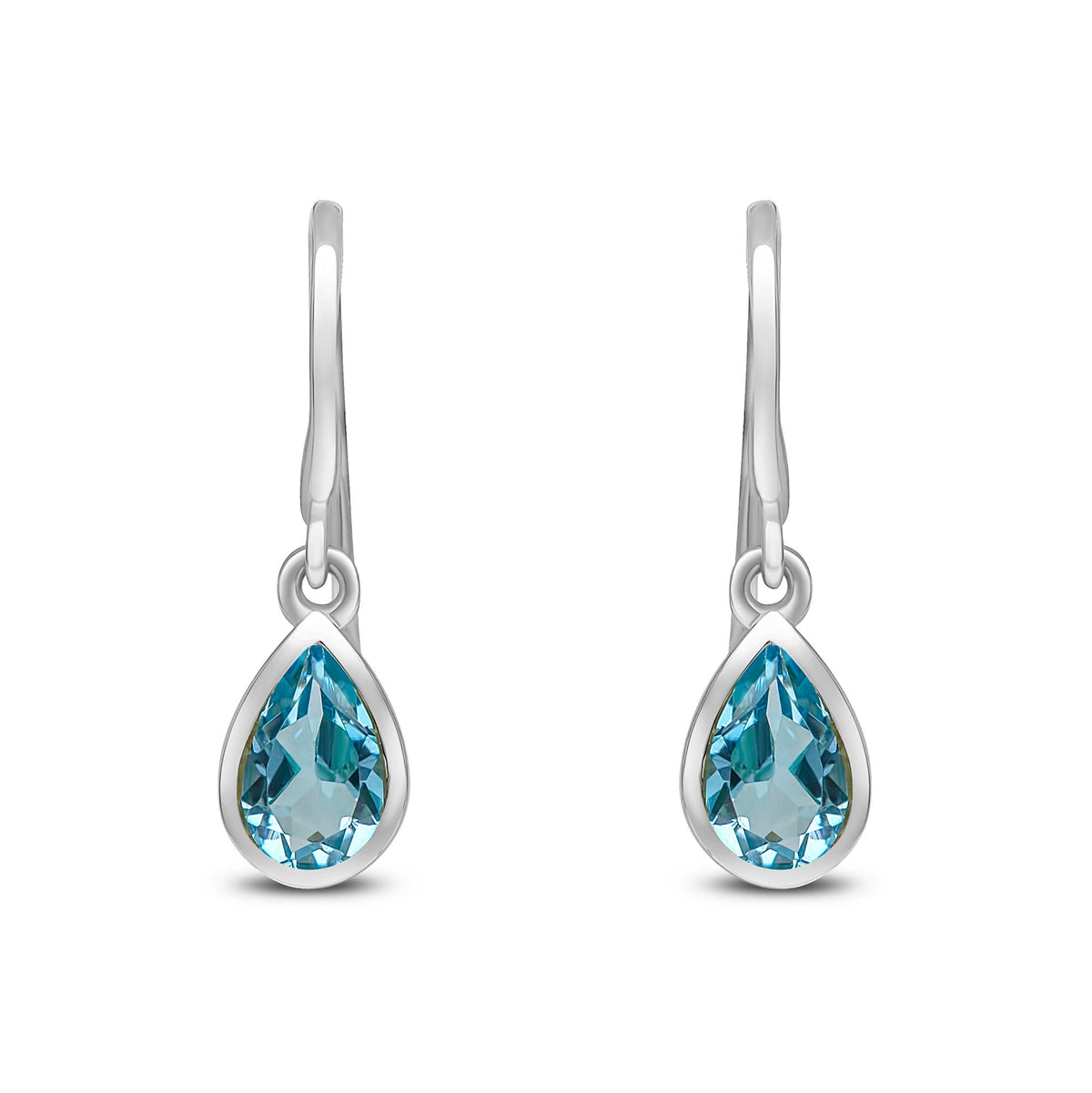 9ct White Gold Pear Shaped Natural Swiss Blue Topaz Rubover Wire Hook Drop Earrings — 6x4mm