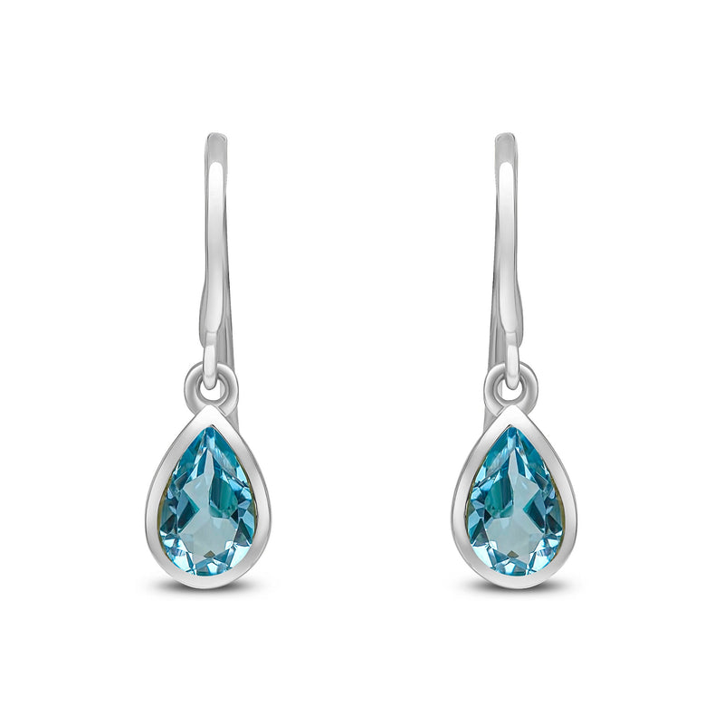 9ct White Gold Pear Shaped Natural Swiss Blue Topaz Rubover Wire Hook Drop Earrings — 6x4mm