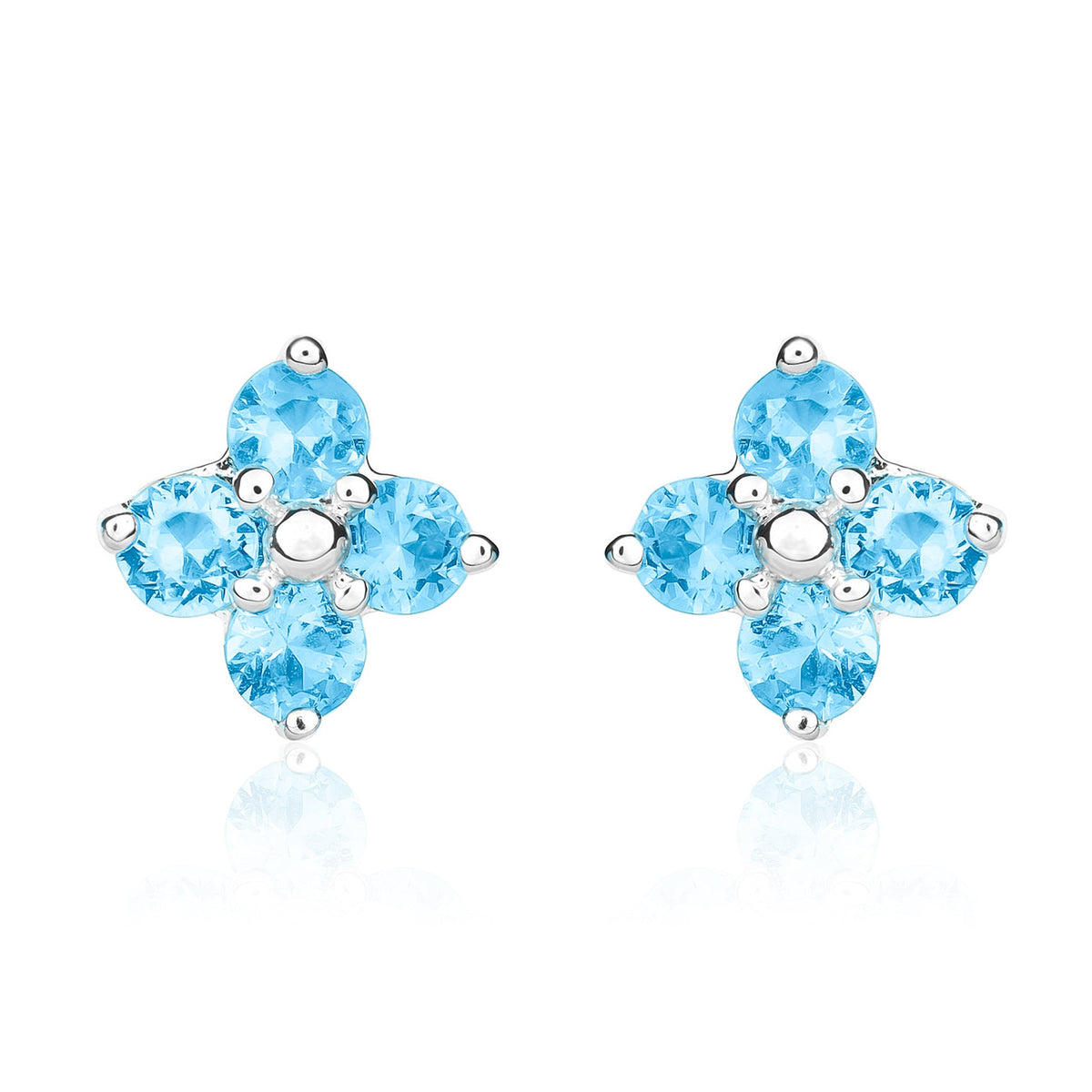 9ct White Gold Round Natural Swiss Blue Topaz Four Stone Cluster Stud Earrings