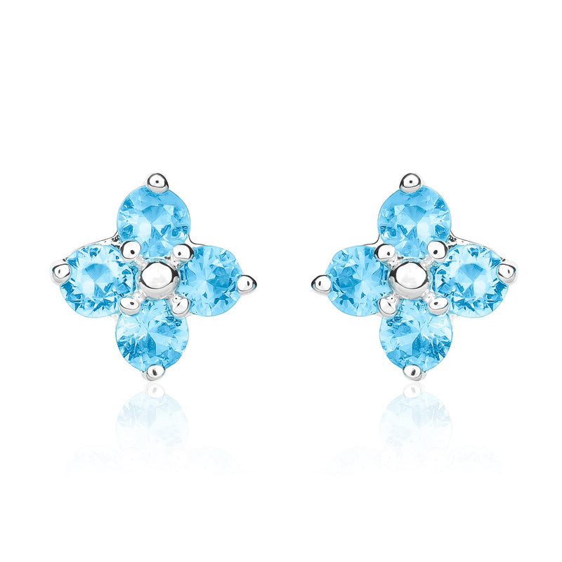 9ct White Gold Round Natural Swiss Blue Topaz Four Stone Cluster Stud Earrings