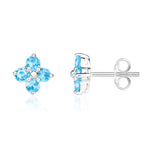 9ct White Gold Round Natural Swiss Blue Topaz Four Stone Cluster Stud Earrings