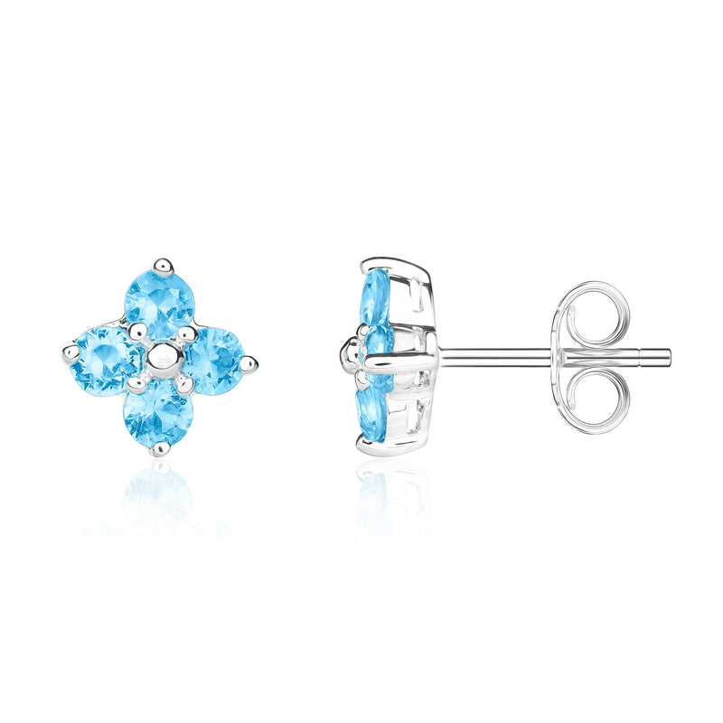 9ct White Gold Round Natural Swiss Blue Topaz Four Stone Cluster Stud Earrings