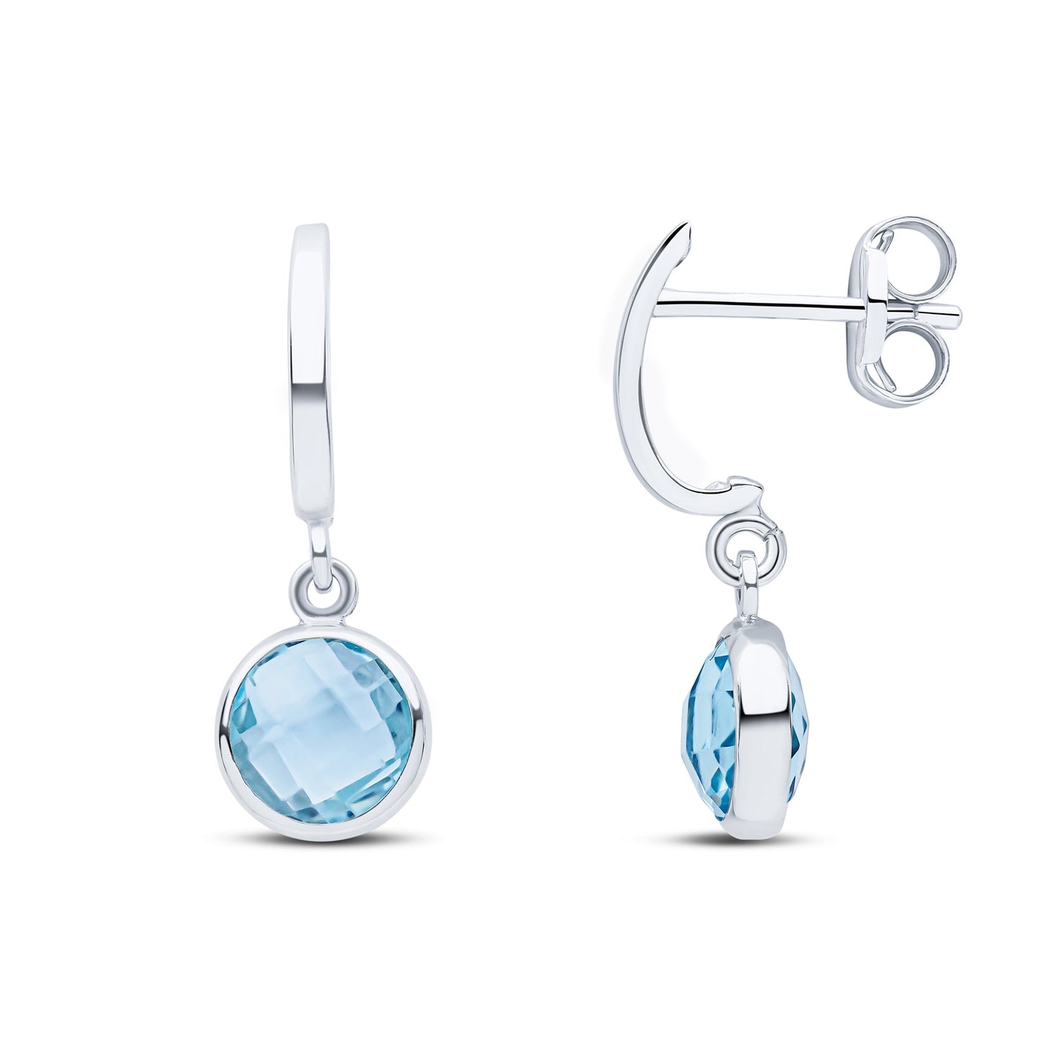 9ct White Gold Curved Bar with Checkerboard Cut Round Natural Swiss Blue Topaz Spec Set Drop Earrings — 20mm