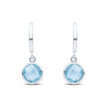 9ct White Gold Curved Bar Checkerboard Cut Round Natural Swiss Blue Topaz Spec Set Drop Earrings — 5.5mm