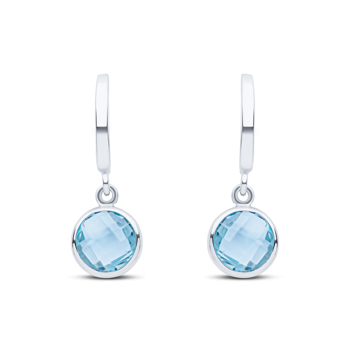 9ct White Gold Curved Bar Checkerboard Cut Round Natural Swiss Blue Topaz Spec Set Drop Earrings — 5.5mm