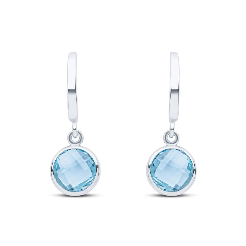 9ct White Gold Curved Bar Checkerboard Cut Round Natural Swiss Blue Topaz Spec Set Drop Earrings — 5.5mm