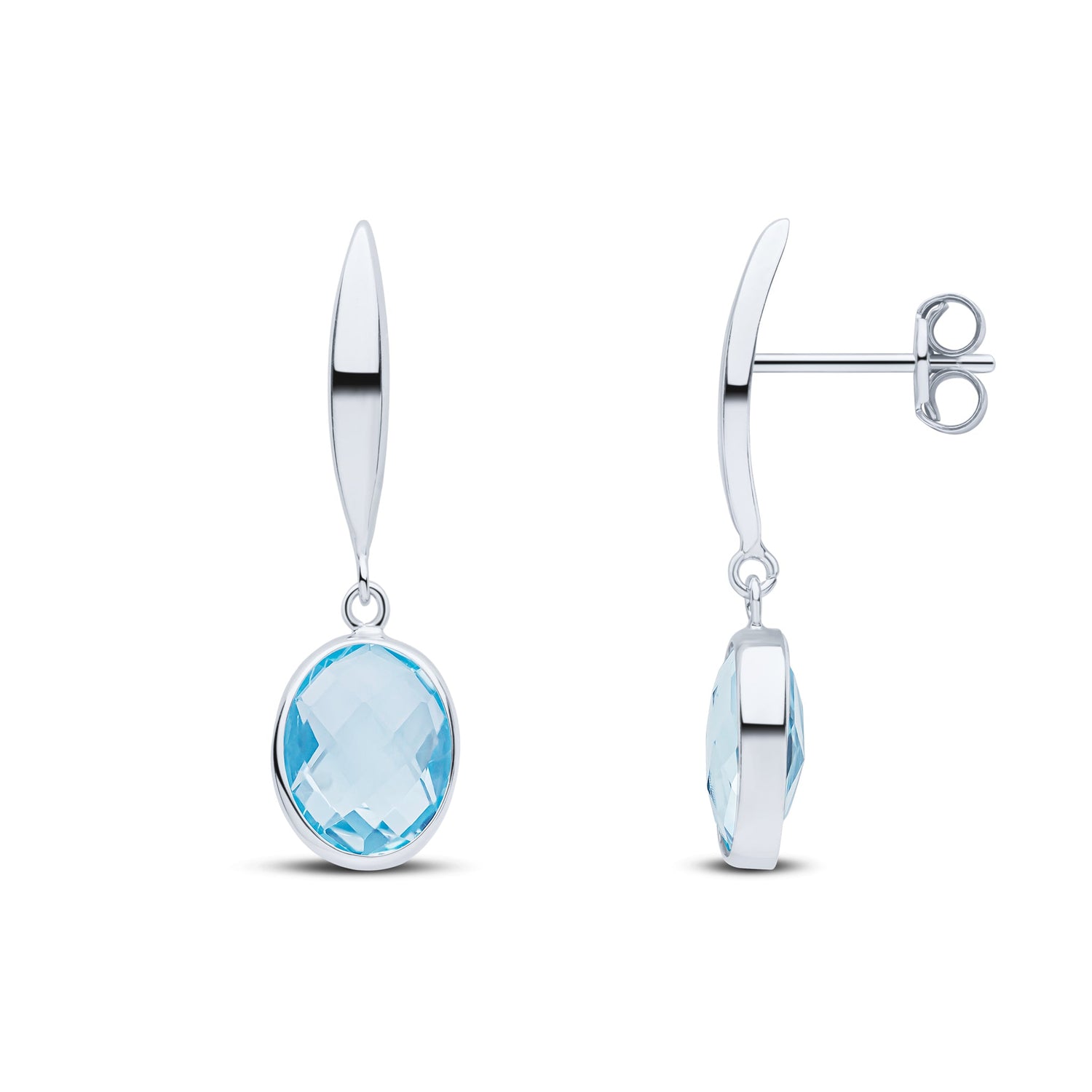 9ct White Gold Curved Bar Oval Natural Swiss Blue Topaz Rubover Drop Earrings — 8x6mm