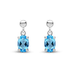 9ct White Gold Oval Natural Swiss Blue Topaz Claw Drop Earrings with Bead Top — 6x4mm