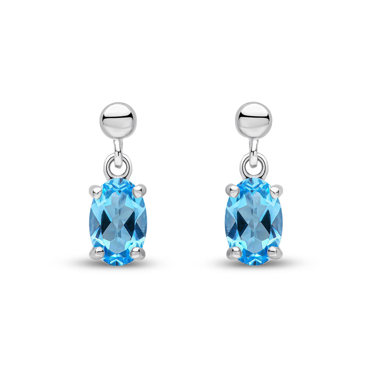 9ct White Gold Oval Natural Swiss Blue Topaz Claw Drop Earrings with Bead Top — 6x4mm