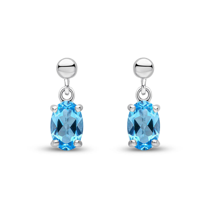 9ct White Gold Oval Natural Swiss Blue Topaz Claw Drop Earrings with Bead Top — 6x4mm
