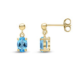 9ct Yellow Gold Oval Natural Swiss Blue Topaz Claw Drop Earrings with Bead Top — 6x4mm