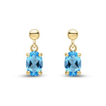9ct Yellow Gold Oval Natural Swiss Blue Topaz Claw Drop Earrings with Bead Top — 6x4mm