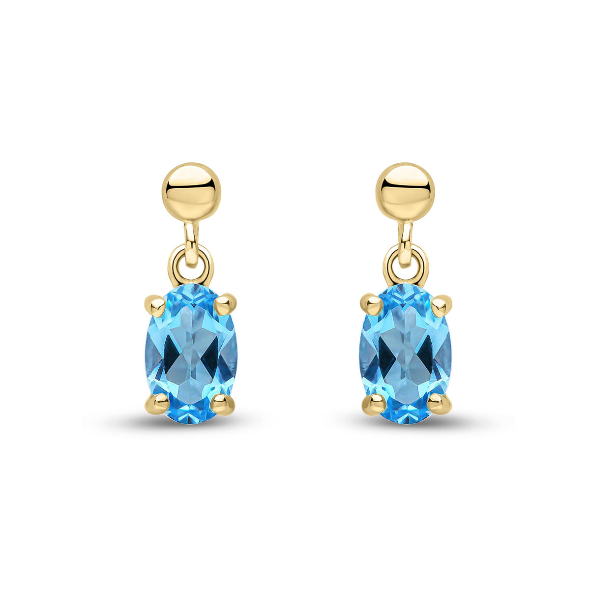 9ct Yellow Gold Oval Natural Swiss Blue Topaz Claw Drop Earrings with Bead Top — 6x4mm