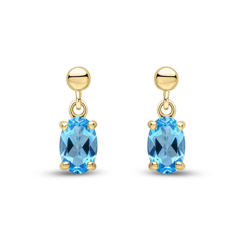 9ct Yellow Gold Oval Natural Swiss Blue Topaz Claw Drop Earrings with Bead Top — 6x4mm