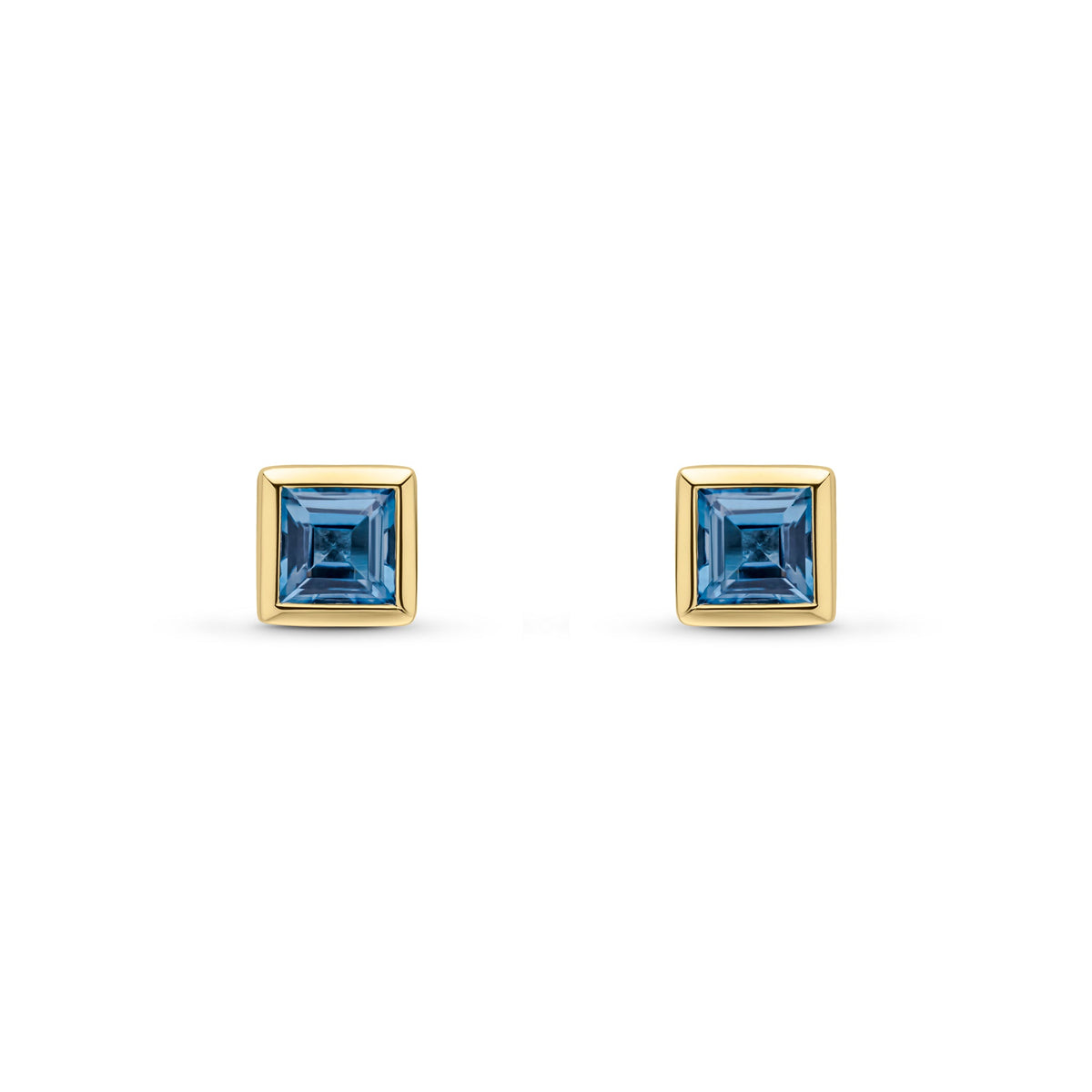 9ct Yellow Gold Square Natural London Blue Topaz Rubover Stud Earrings — 4mm