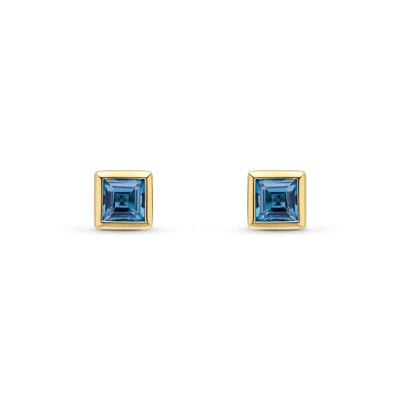 9ct Yellow Gold Square Natural London Blue Topaz Rubover Stud Earrings — 4mm