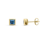 9ct Yellow Gold Square Natural London Blue Topaz Rubover Stud Earrings — 4mm