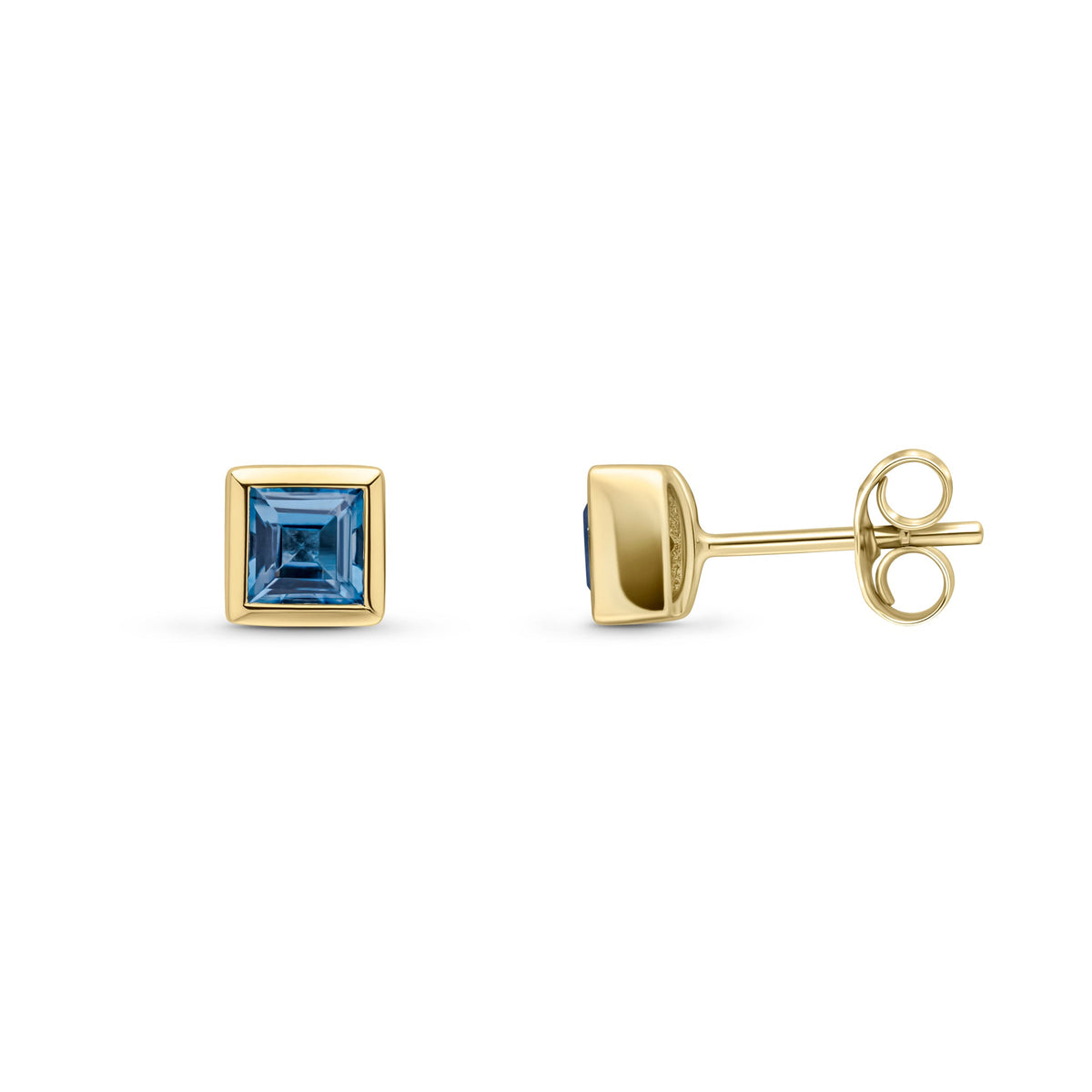 9ct Yellow Gold Square Natural London Blue Topaz Rubover Stud Earrings — 4mm
