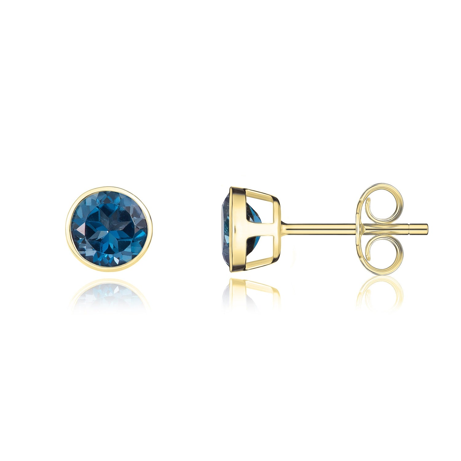 9ct Yellow Gold Round Natural London Blue Topaz Rubover Stud Earrings — 5mm
