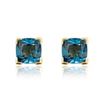 9ct Yellow Gold Cushion Natural London Blue Topaz Claw Stud Earrings — 6mm
