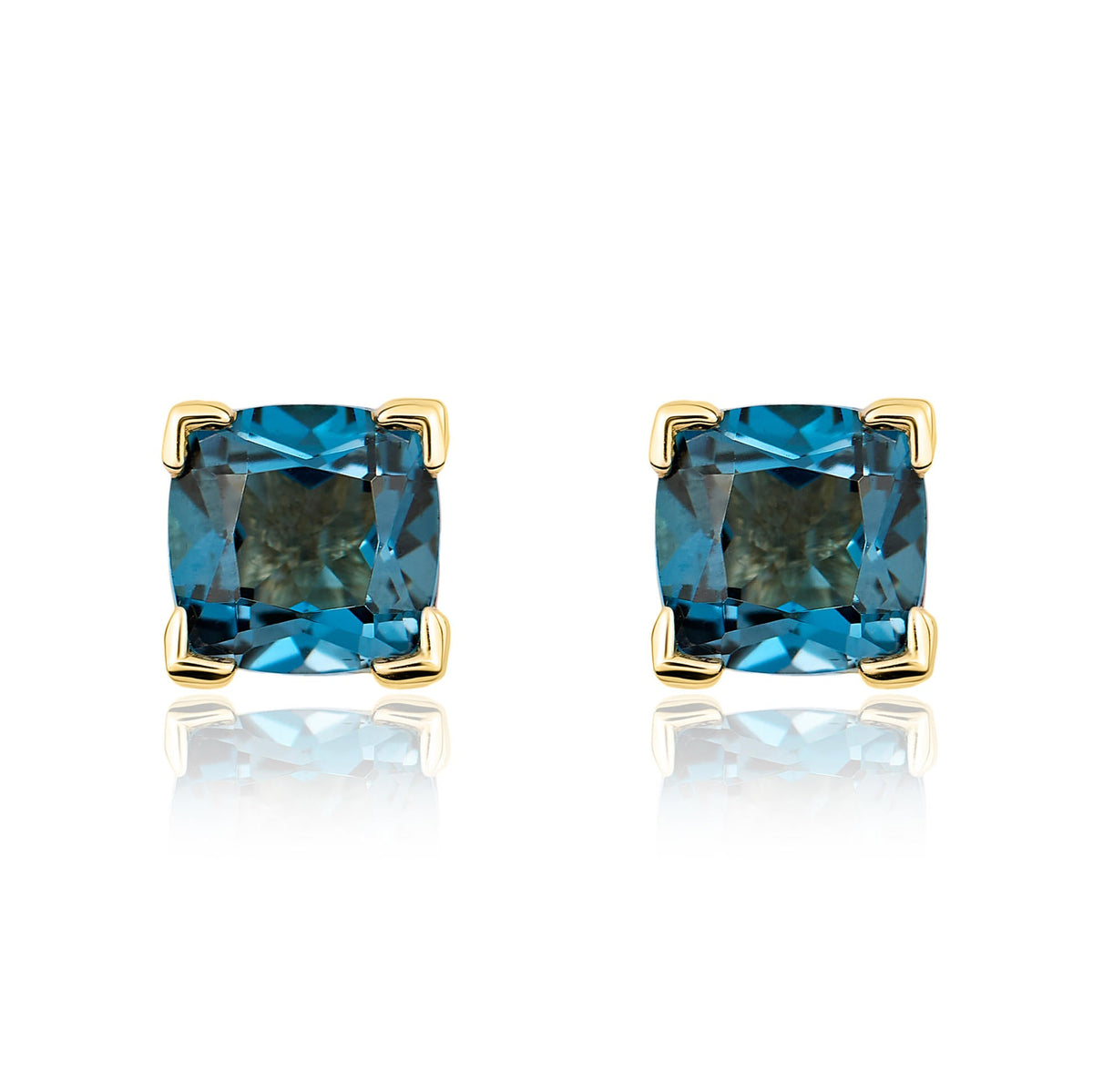 9ct Yellow Gold Cushion Natural London Blue Topaz Claw Stud Earrings — 6mm